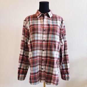 Eddie Bauer Men's M Plaid Flannel Shirt, Brown, Red, Green 100% Cotton Button-up
